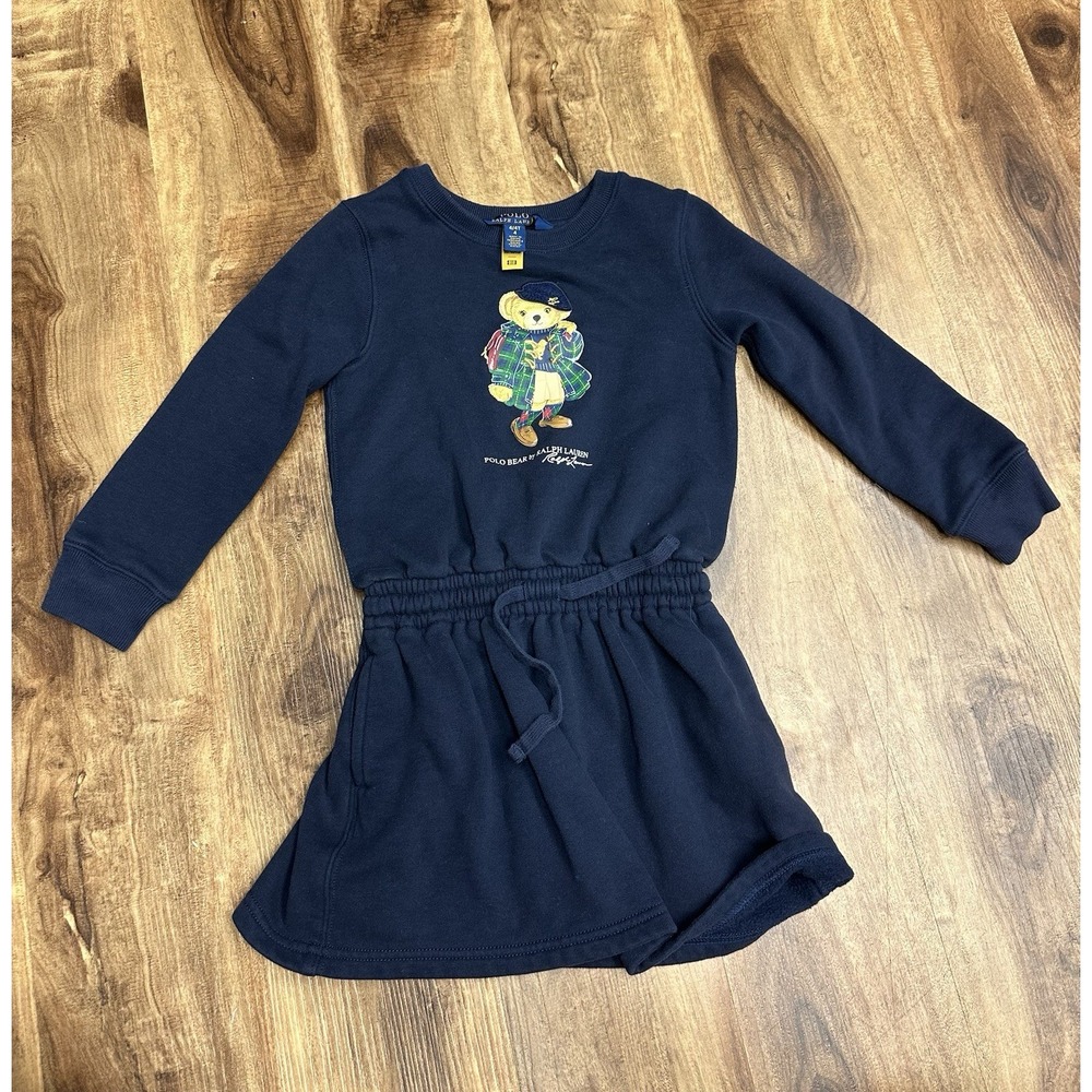 Polo Ralph Lauren Navy Preppy Polo Bear Fleece Sweatshirt Dress Girls Size 4/4T